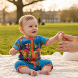 A baby sitting on a white blanket in a park, wearing a bright blue short-sleeve romper with a colorful tropical floral print and orange zipper trim, while an adult's hands offer a wooden teething toy.