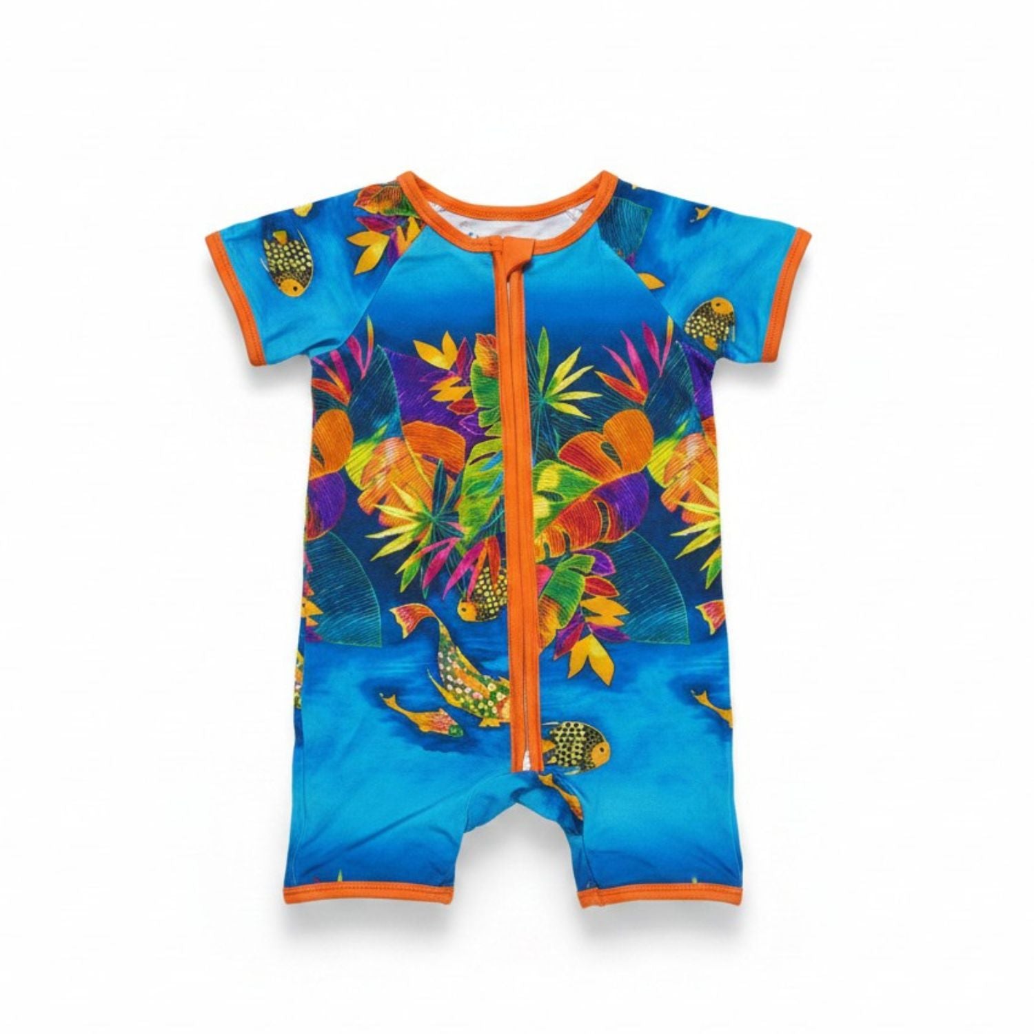 A short-sleeve baby romper with a vibrant tropical print, featuring orange trim and a front zipper, displayed on a clean white background.