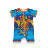 A short-sleeve baby romper with a vibrant tropical print, featuring orange trim and a front zipper, displayed on a clean white background.