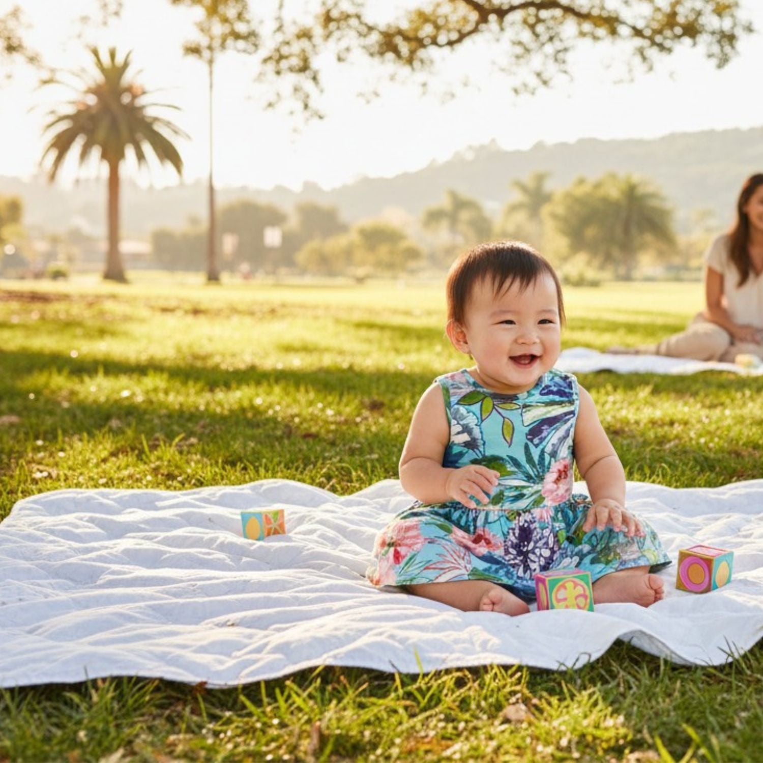 A baby sitting on a white picnic blanket in a sunny park, wearing a colorful tropical print sleeveless dress. The baby is surrounded by colorful toy blocks on the grass, with a blurred background showing a park and another person.