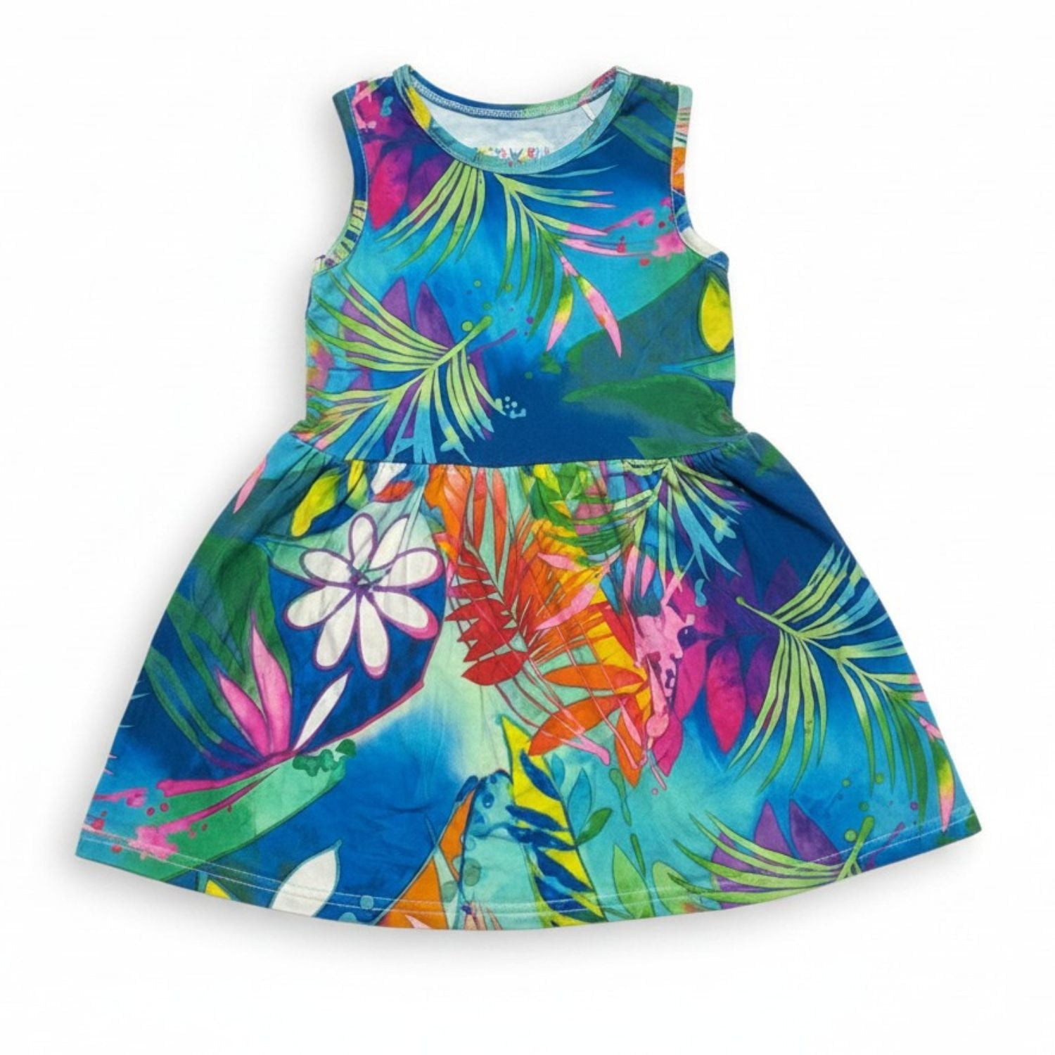 A sleeveless children's dress with a vibrant tropical leaf and floral print in shades of blue, green, pink, orange, and yellow, shown flat against a white background.