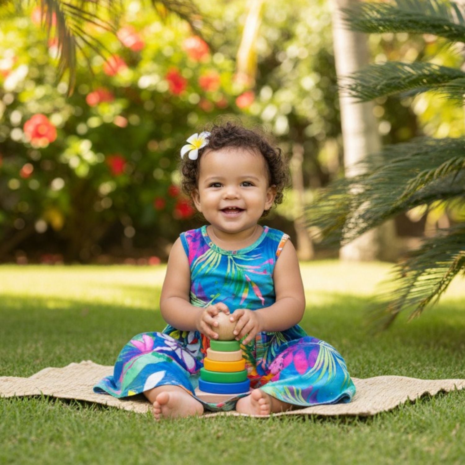 A smiling toddler sits cross-legged on a straw blanket on green grass, wearing a colorful tropical print dress and playing with a rainbow stacking toy. The background is a lush, sunlit garden with palm leaves and red flowers.