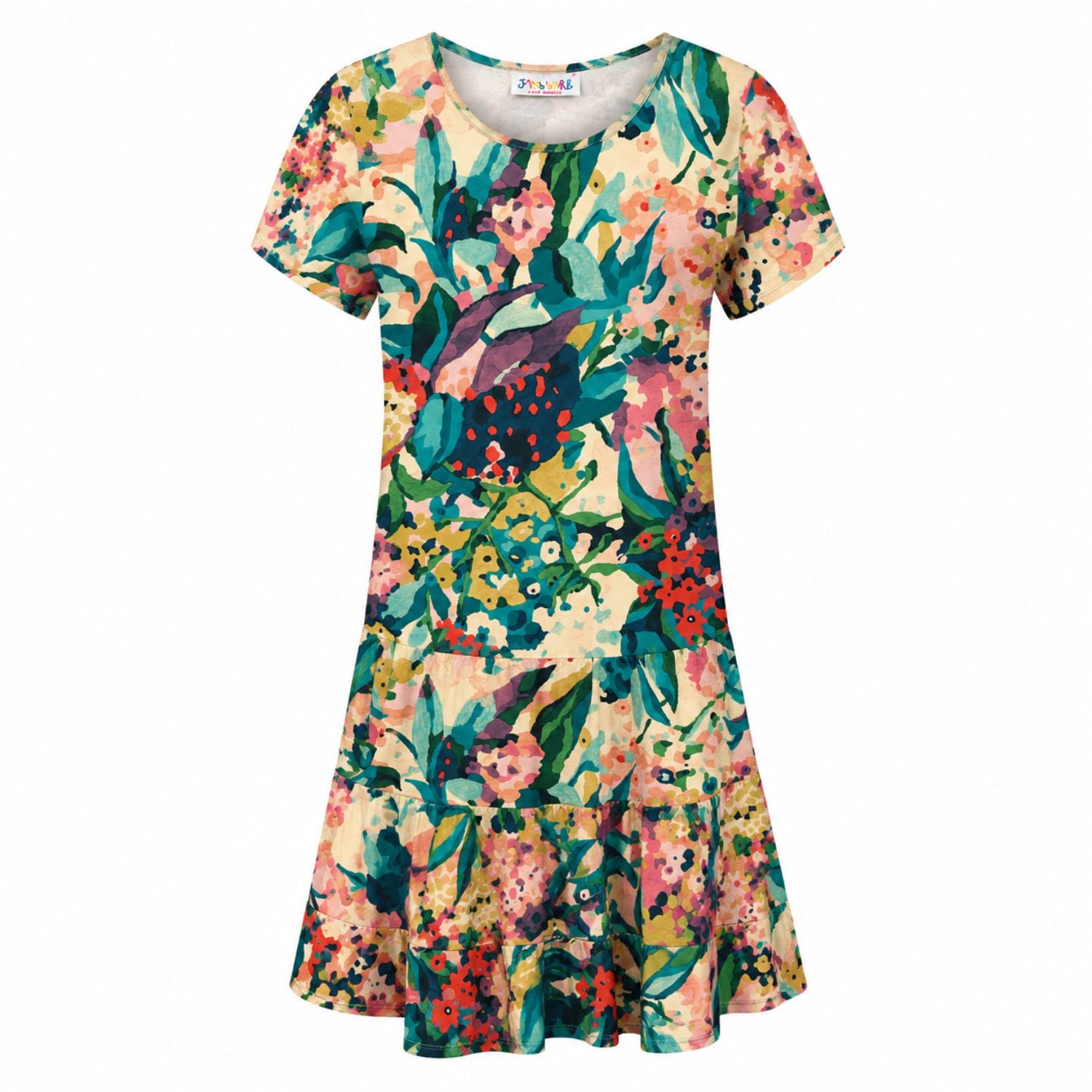 A short-sleeve A-line dress with a vibrant multicolor floral and botanical print, featuring a round neckline and a ruffled hem, shown against a plain white background.
