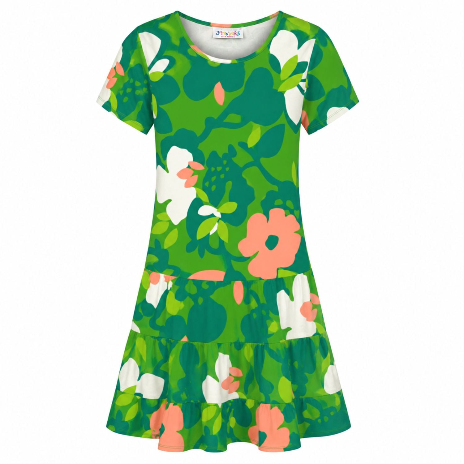 Un vestido escalonado de manga corta con un vibrante estampado floral en verde, naranja y blanco, que se muestra sobre un fondo blanco liso.