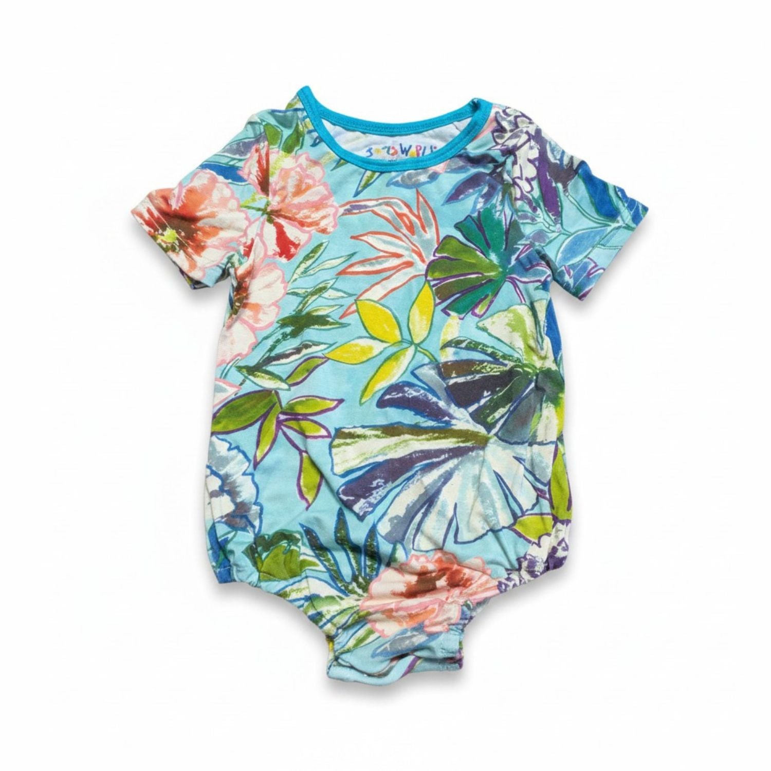 short-sleeved baby romper with a vibrant, colorful tropical floral pattern against a light blue background. 