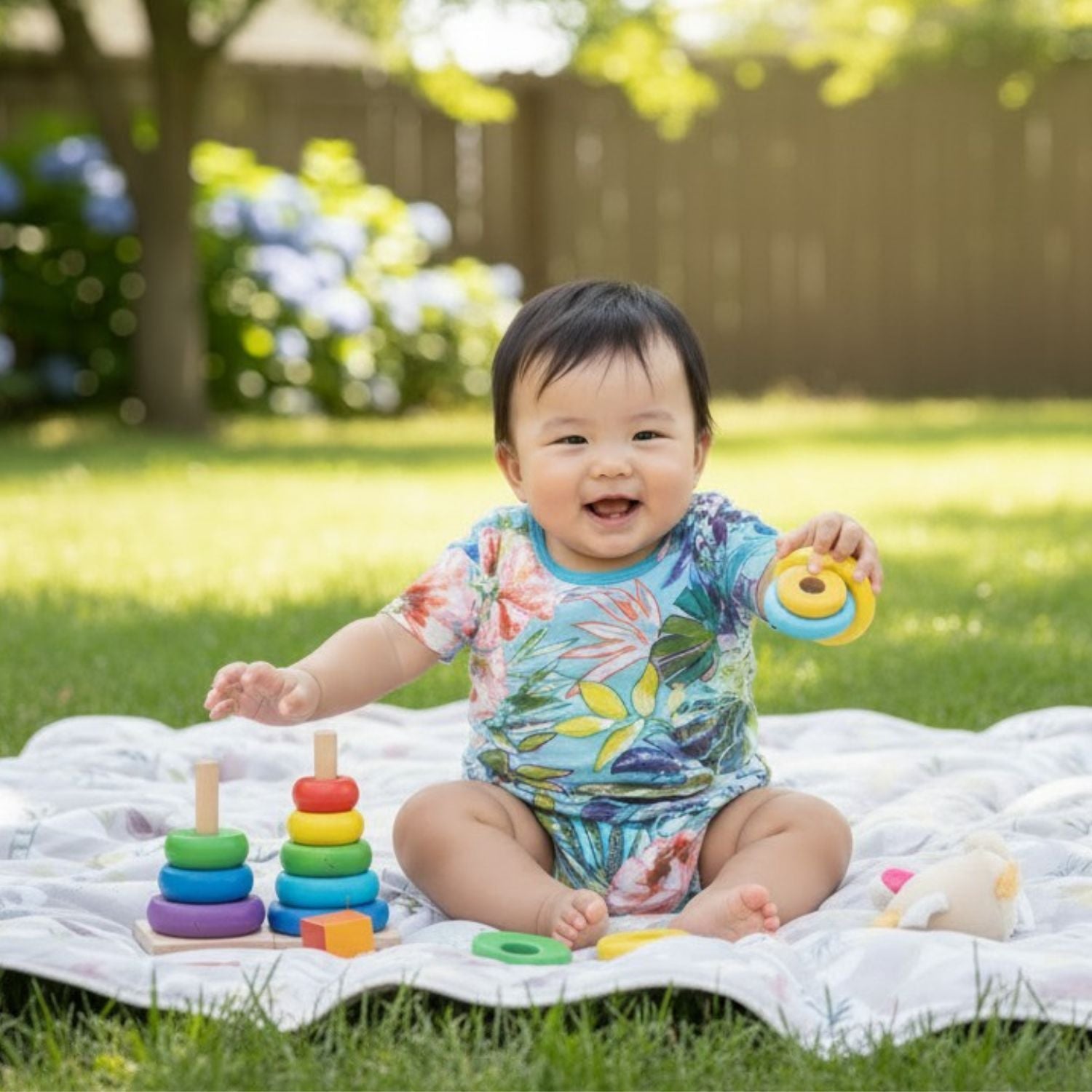 A smiling infant with short dark hair sits on a blanket in a grassy yard, wearing a vibrant, colorful floral short-sleeved onesie. The baby holds a yellow and blue toy ring in one hand while reaching toward wooden stacking toy bases with the other.
