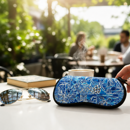 A close-up of a hand holding a blue and white tropical patterned zippered case on a white table, with aviator sunglasses and a blurred coffee cup in the background at an outdoor cafe.