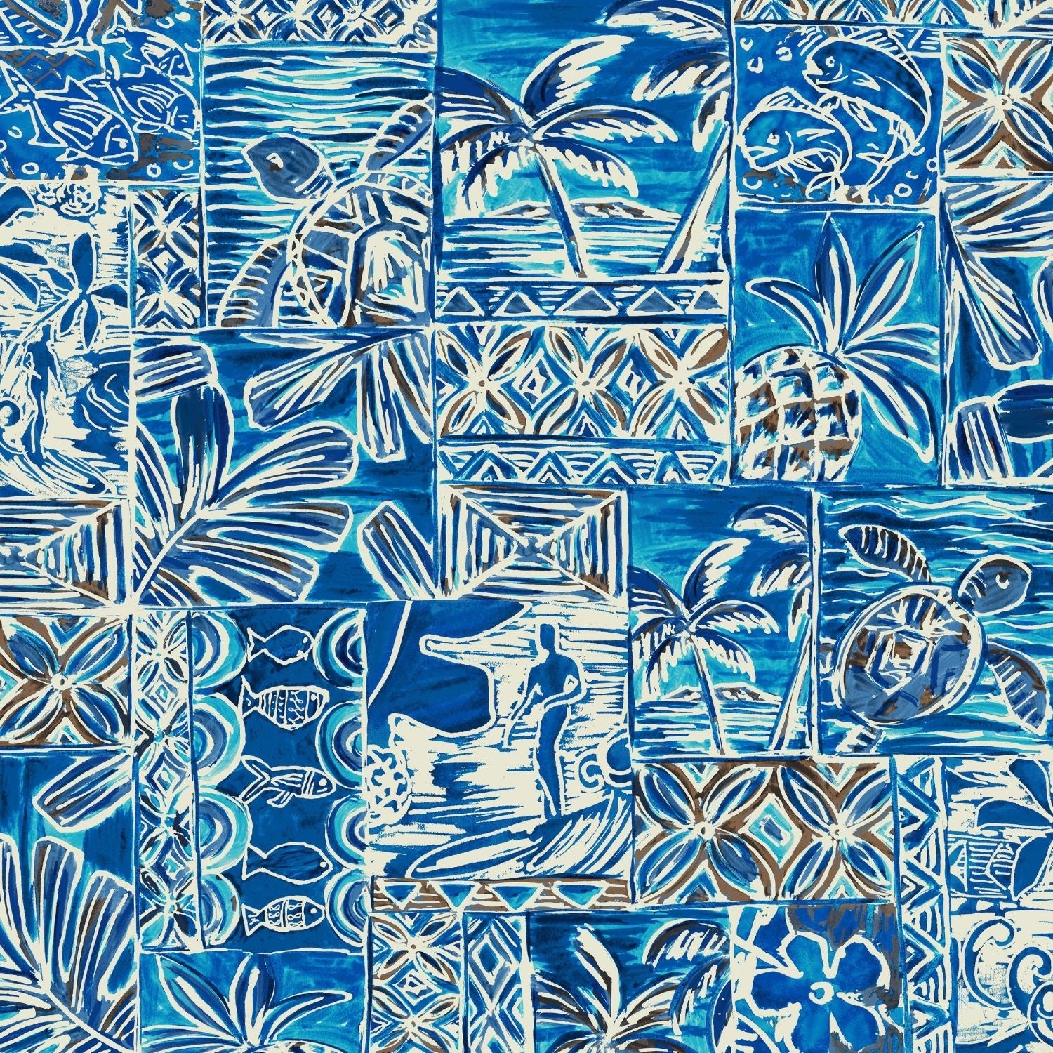 Blue and white tropical patterned fabric featuring patchwork-style panels with palm trees, turtles, fish, flowers, and geometric designs.