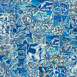 Blue and white tropical patterned fabric featuring patchwork-style panels with palm trees, turtles, fish, flowers, and geometric designs.