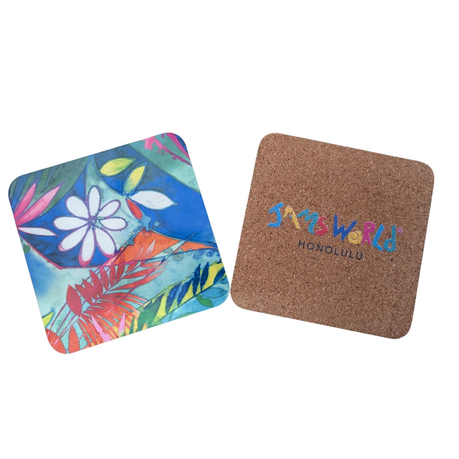 Two square coasters on a white background. One coaster has a colorful tropical floral and leaf print with blue, pink, green, orange, and white elements.