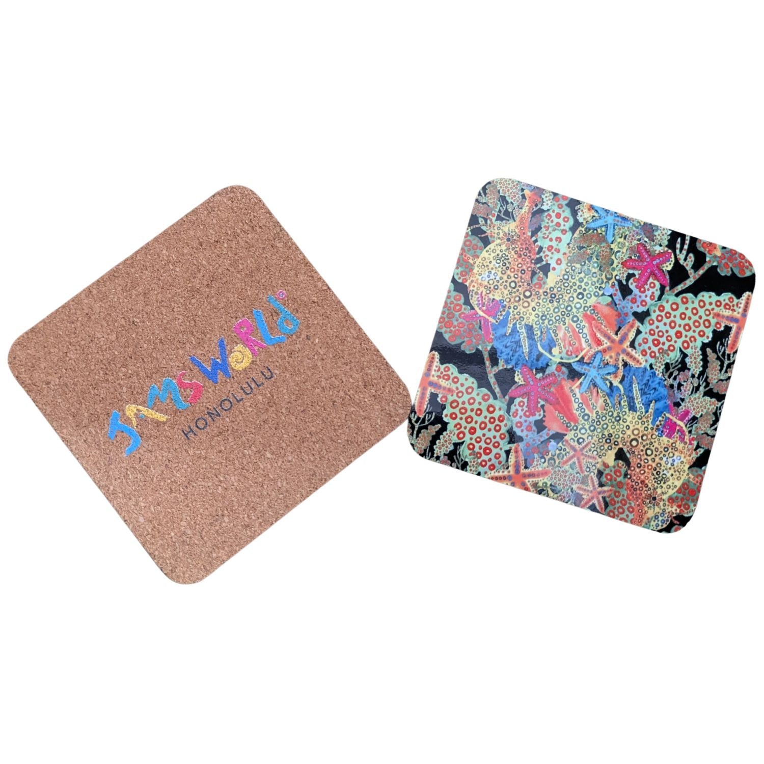 Two square coasters shown on a plain white background. One coaster has a natural cork texture with colorful 'SMILE WORLD HONOLULU' text printed on it.