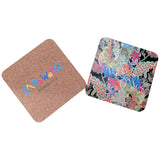 Two square coasters shown on a plain white background. One coaster has a natural cork texture with colorful 'SMILE WORLD HONOLULU' text printed on it.