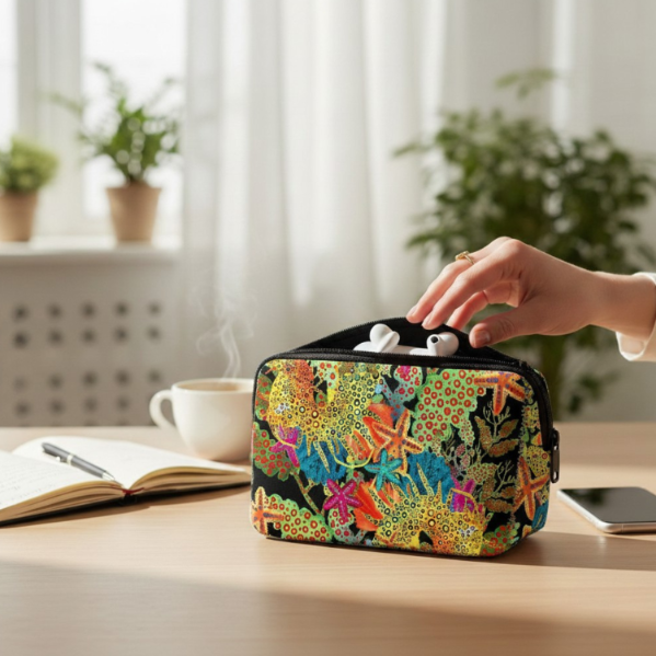 A colorful floral-patterned zippered pouch sits on a wooden desk with a hand placing white earbuds into it. The background shows a softly blurred home office setting with a cup, notebook, and plants.