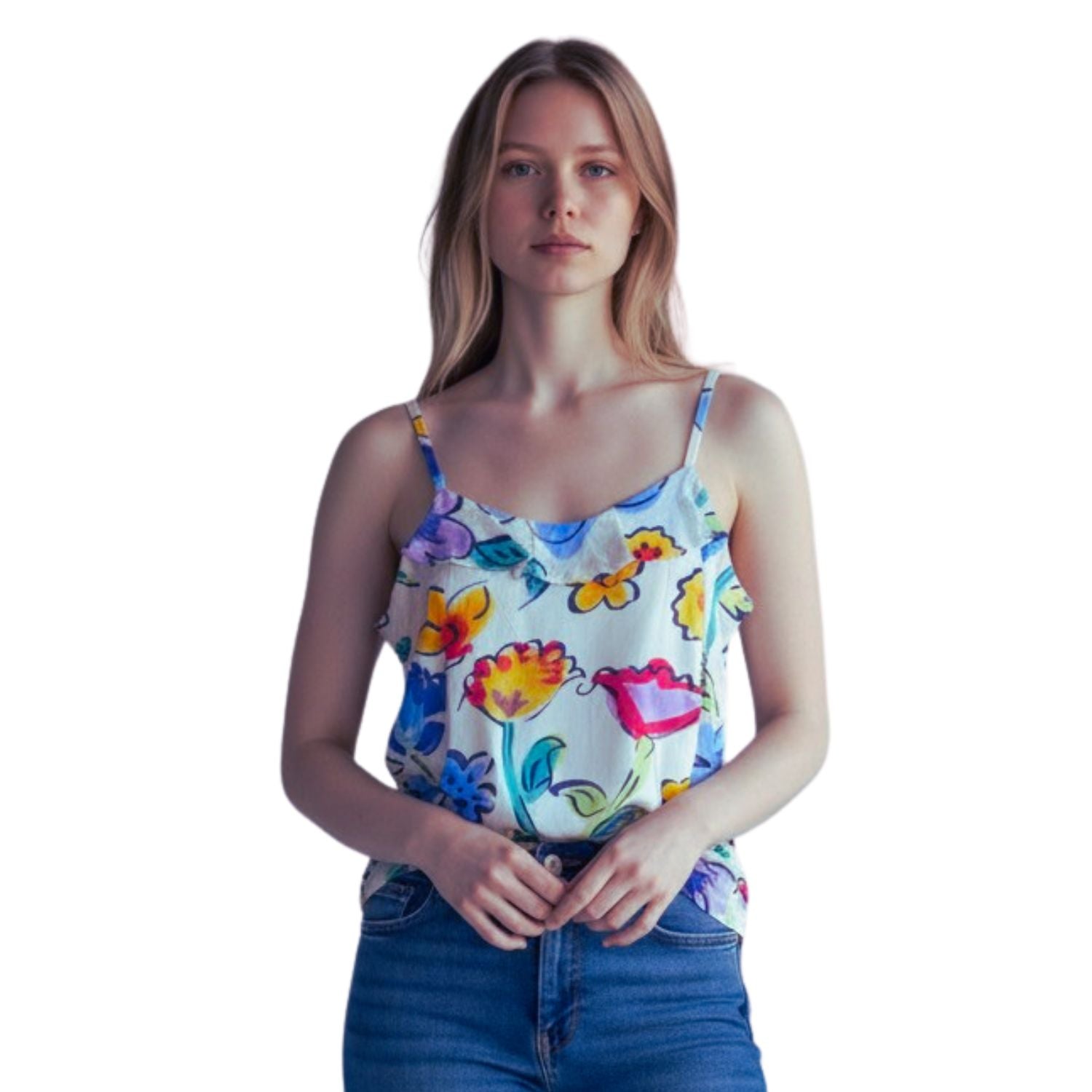 A woman modeling a white spaghetti-strap camisole top with a colorful floral and butterfly print, paired with blue jeans, against a plain white background.
