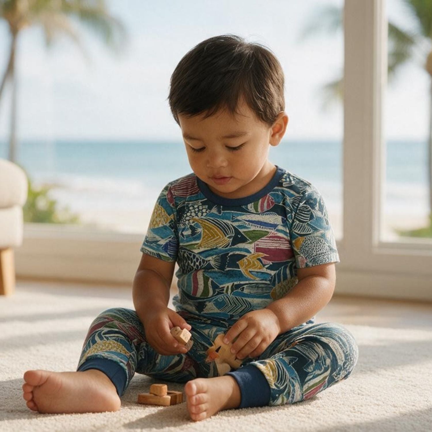 A toddler sitting on a light carpet indoors near large windows, wearing a short-sleeve pajama set with a colorful ocean-themed print in blue, teal, yellow, pink, and beige. The child is holding wooden blocks.