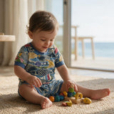 A toddler sitting on a woven rug indoors, wearing a short-sleeve one-piece outfit with a colorful fish pattern. The child is interacting with wooden stacking toys near large windows with a blurred beach view in the background.