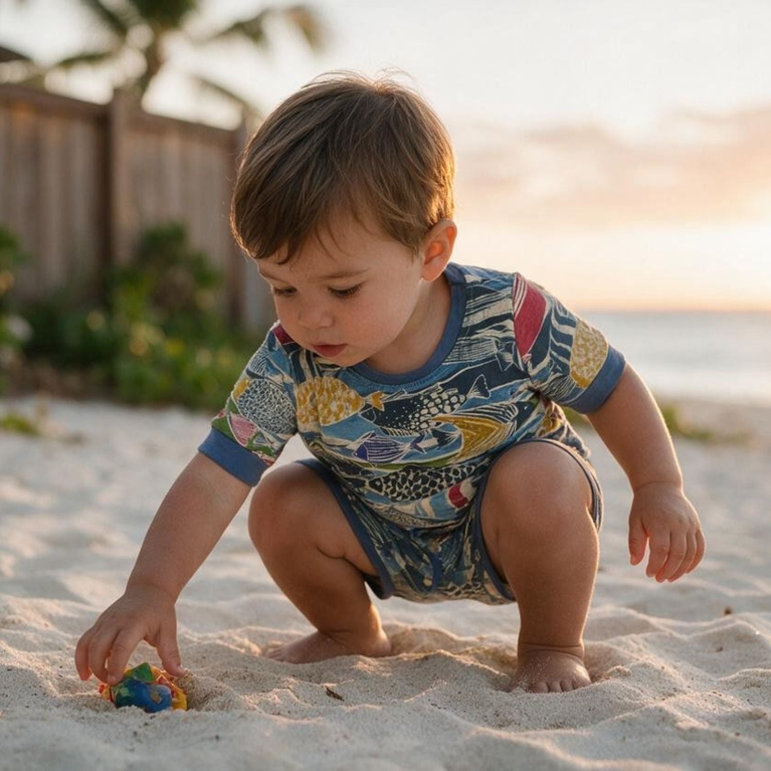 A toddler crouches on a sandy beach wearing a short-sleeve swim shirt and matching swim trunks with a colorful fish pattern. The child is interacting with a small toy in the sand, with a wooden fence and palm tree blurred in the background.