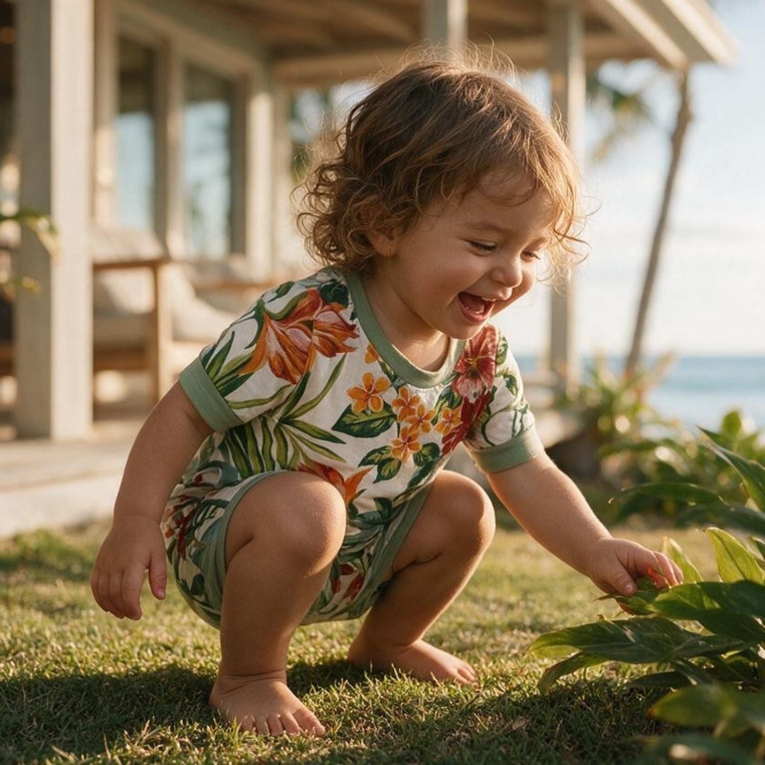 A toddler crouches on grass outdoors near a house, wearing a short-sleeve tropical floral romper in green, orange, and cream tones.