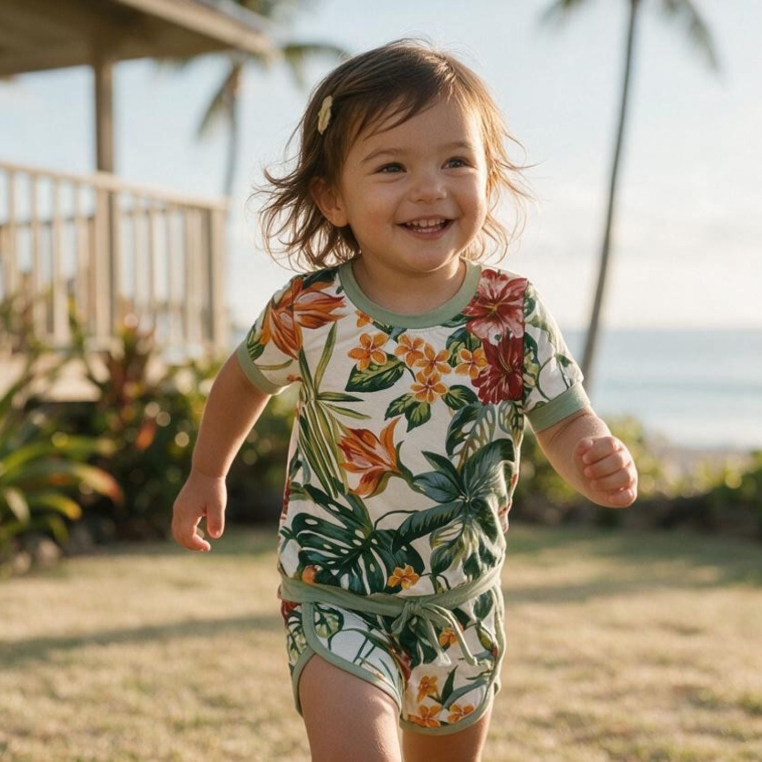 A smiling toddler girl wearing a tropical floral print short-sleeve romper and matching shorts, running outdoors on a sunny beachside lawn with palm trees and ocean in the background.