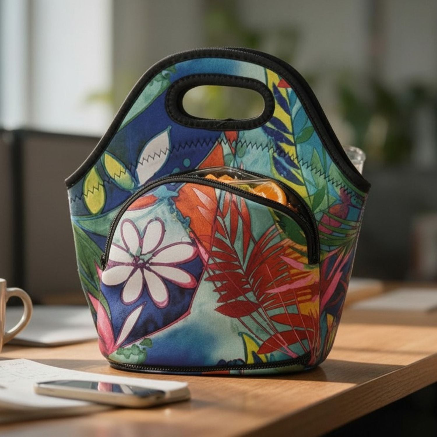 A colorful insulated tote bag with a tropical floral print sits on a wooden desk in a blurred indoor setting. The bag features a vibrant multicolor pattern with blue, green, red, orange, and pink elements, along with a black handle and zipper trim.