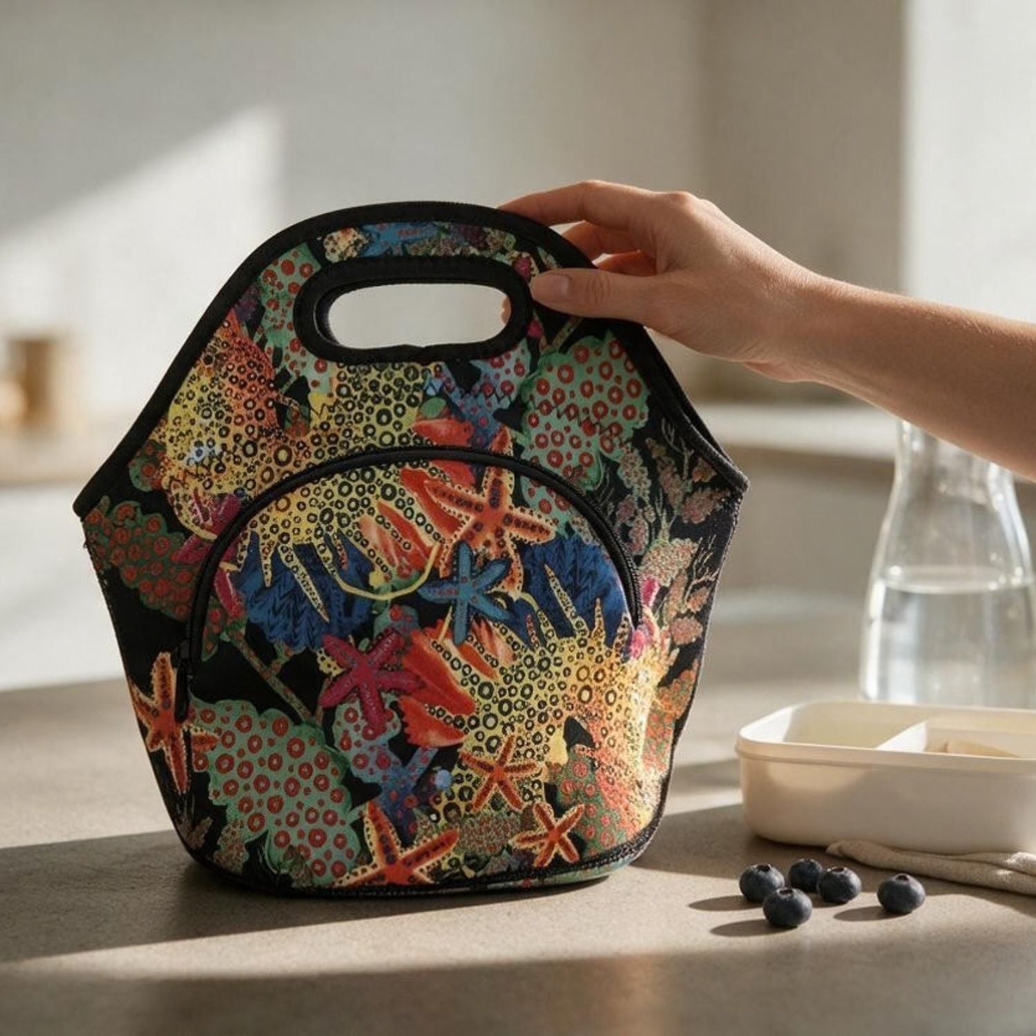 A hand holds the top handle of a black insulated lunch bag with a colorful coral and starfish print, set on a kitchen counter next to a lunchbox and blueberries.