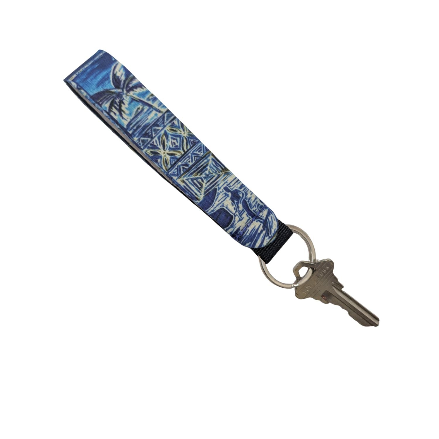 Blue graphic scenic print on a wristlet key chain