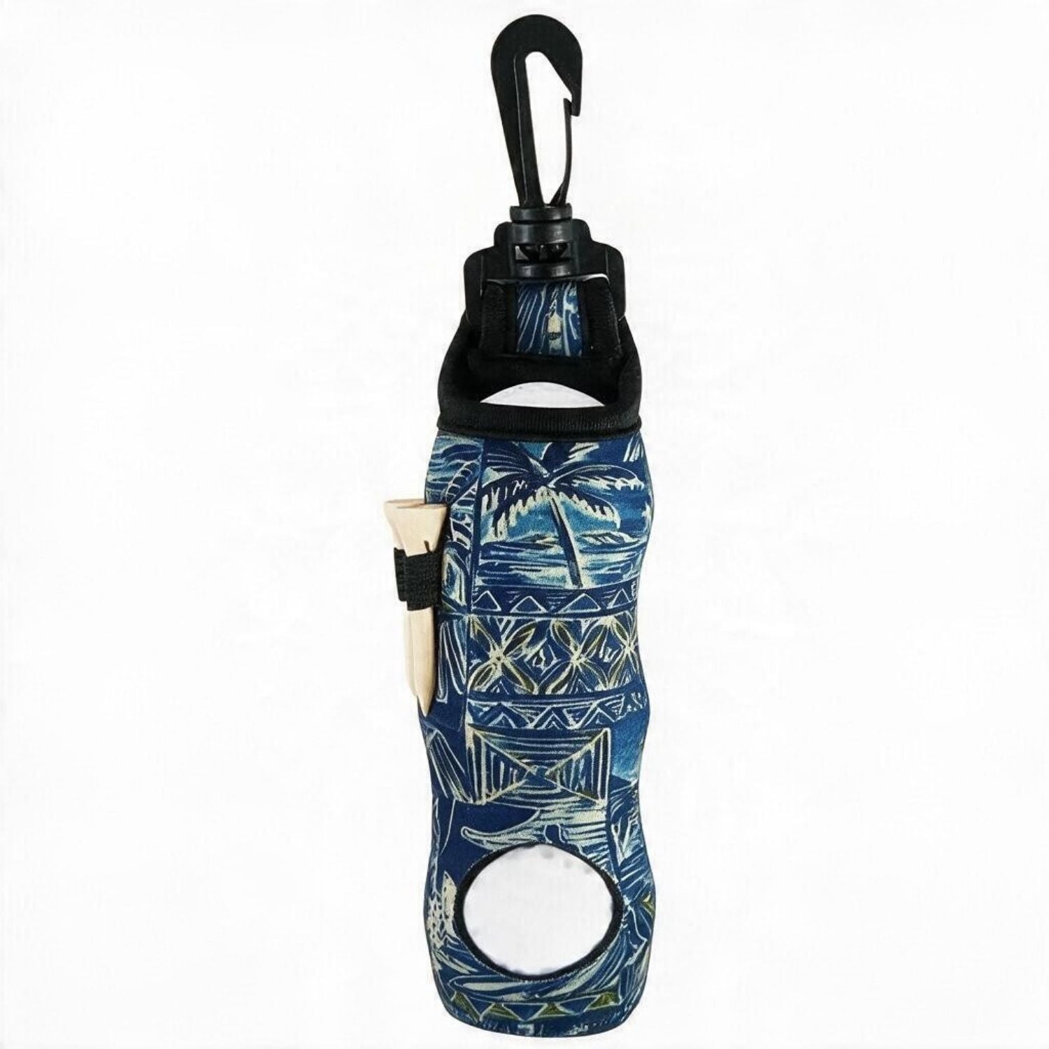 A blue and white Polynesian-style patterned umbrella cover with a black carabiner clip at the top, shown on a plain white background.