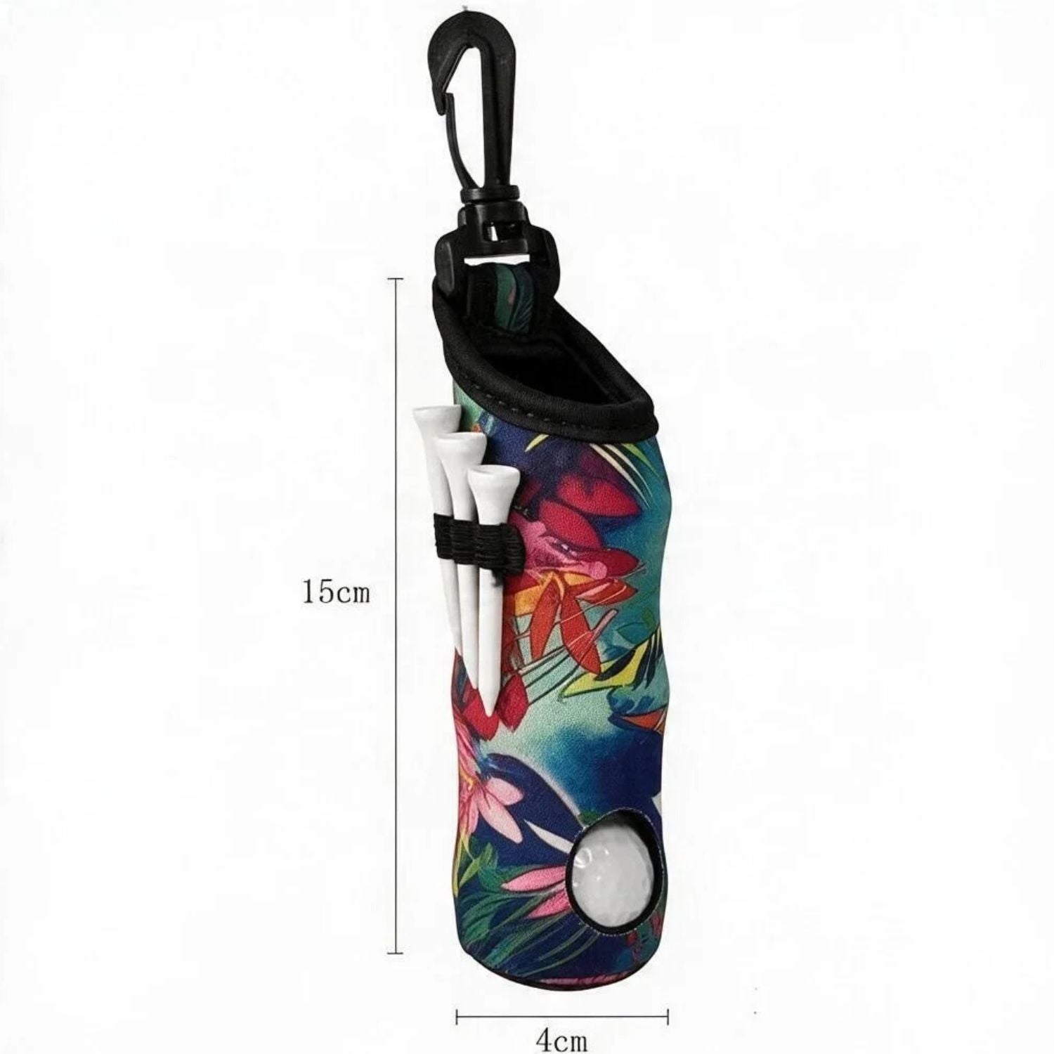 A golf flag driver set in a colorful tropical floral neoprene sleeve with a black carabiner clip and black strap, shown with dimension lines indicating 15cm height and 4cm width.