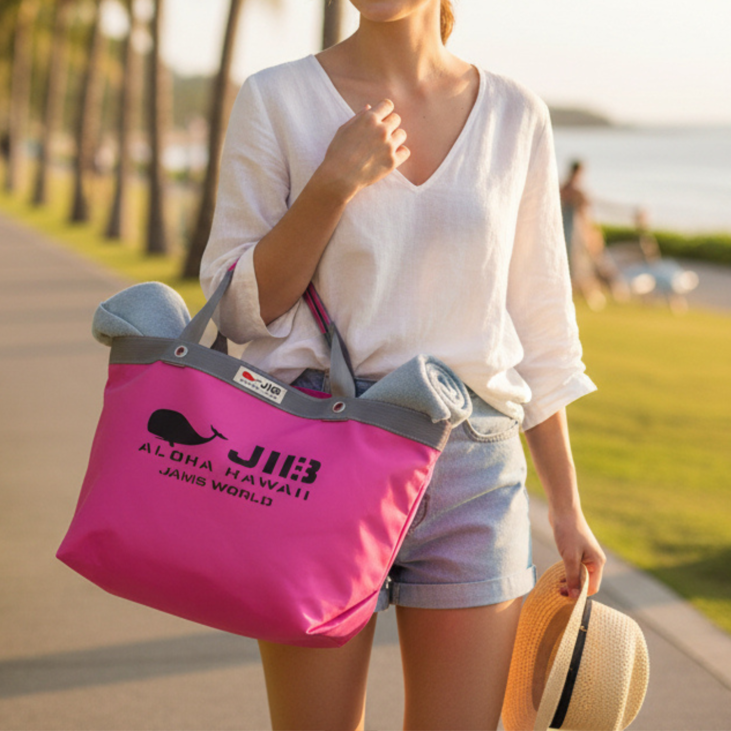 Une femme en chemise blanche et short en jean marche le long d'un chemin bordé de palmiers au coucher du soleil, portant un grand sac cabas rose JIB sur l'épaule. Deux serviettes roulées gris clair sont rangées à l'intérieur du sac.