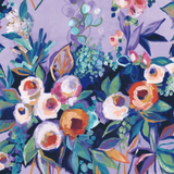 A colorful abstract floral painting with stylized flowers and leaves on a lavender background.