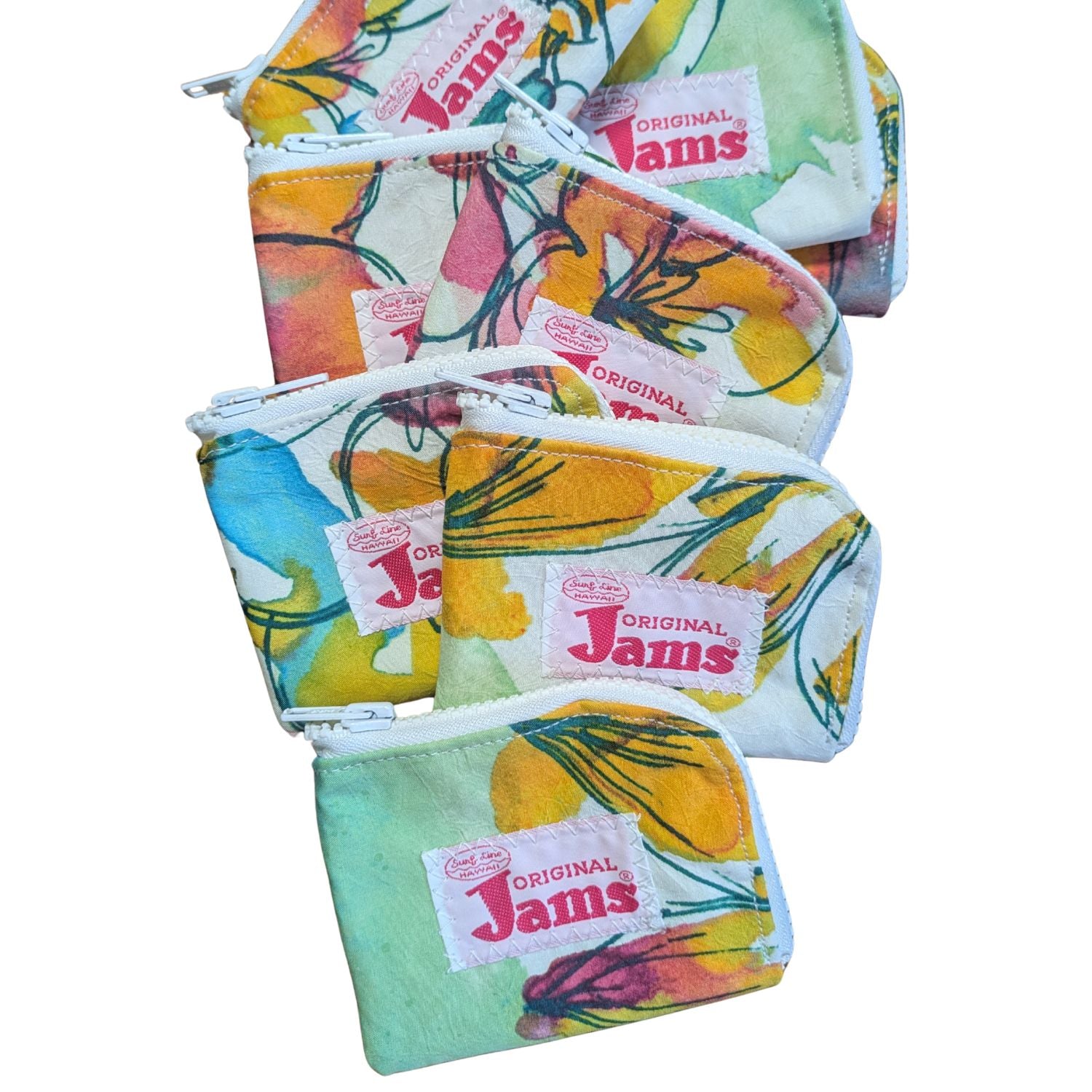 Set of colorful fabric pouches with 'Original Jams' branding on a white background