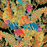 Colorful underwater ecosystem of starfish, coral, in pink, orange green red.
