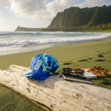 Blue cap, sunglasses, and notebook on a log with a beach and mountain in the background