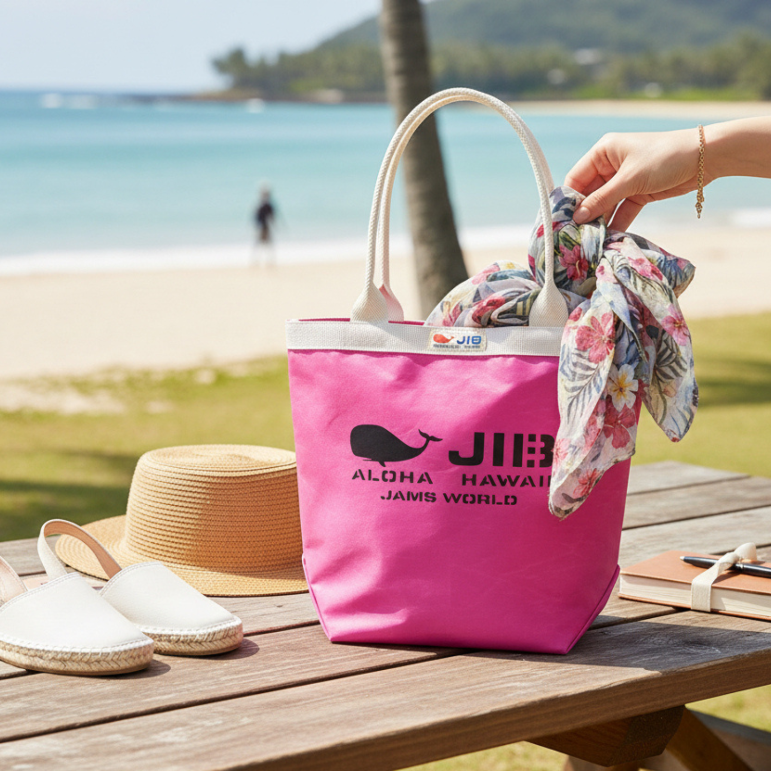 Pink bag with 'JIB' branding on a wooden table by a beach.
