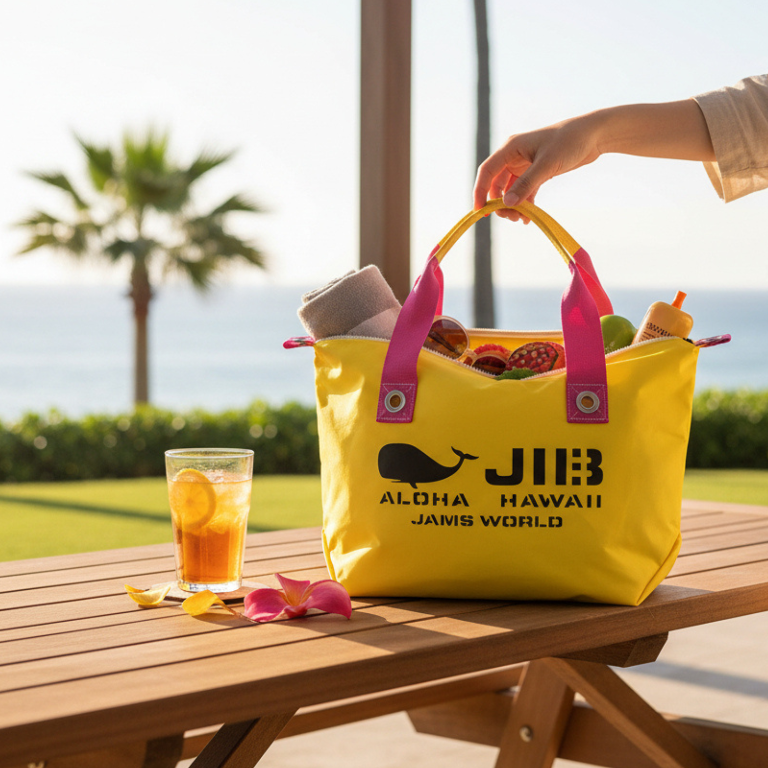 海边的木桌上放着一个黄色手提包，粉色提手，上面标有“JIB”字样。