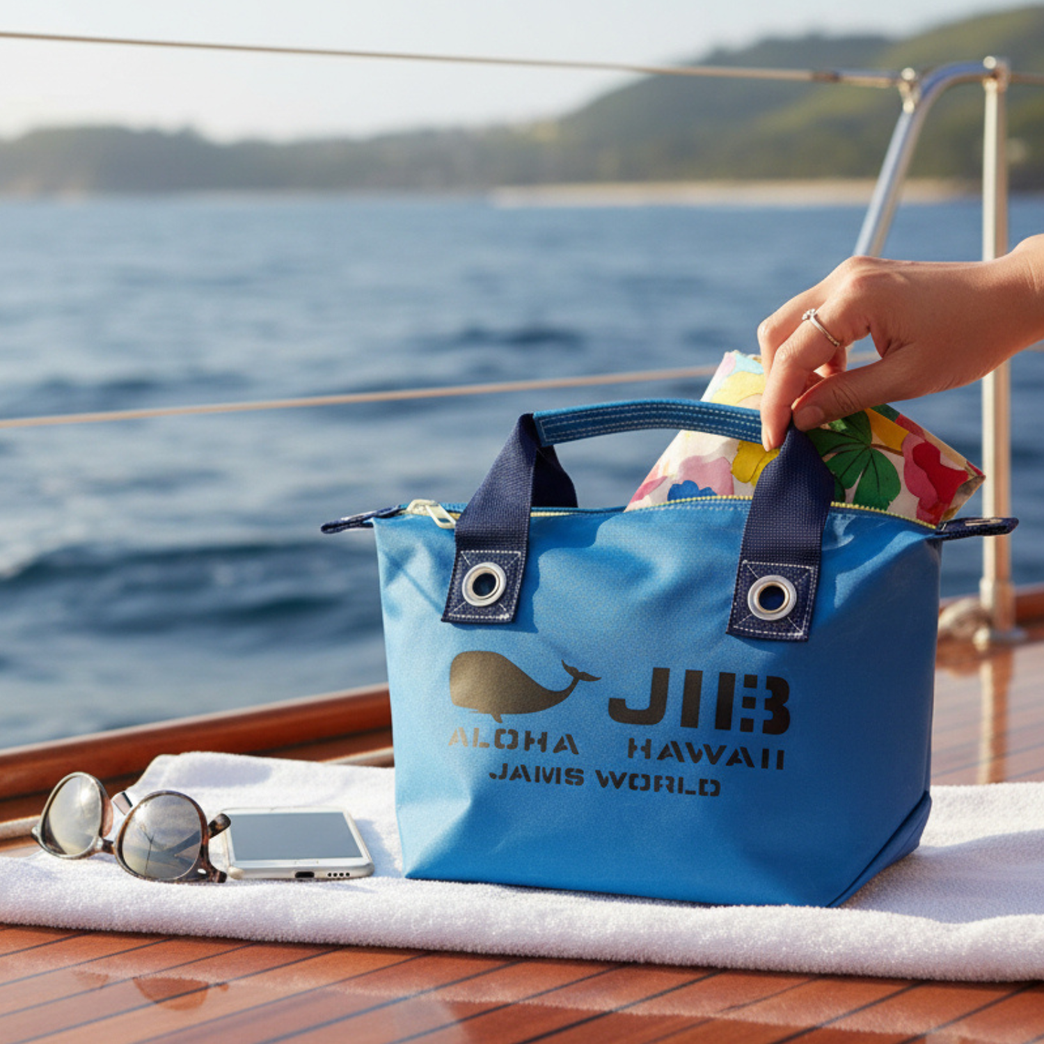 Blue JIB bag on a boat with ocean and mountains in the background