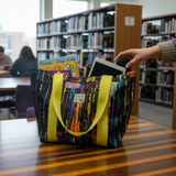 Colorful bag with books and a tablet on a table in a library setting