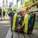 Colorful tote bag with a cityscape background