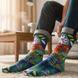Colorful floral-patterned socks worn by a person sitting on a couch.