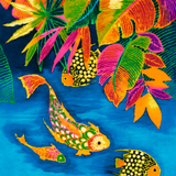 Colorful tropical fish and leaves on a blue background