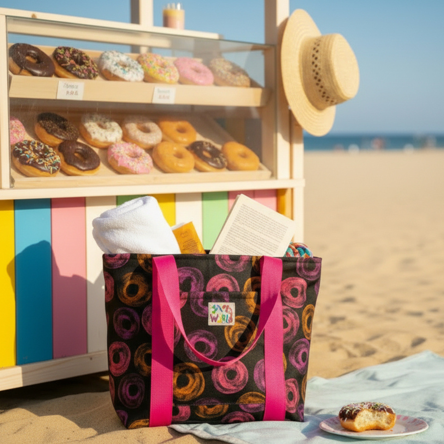 Donut-patterned bag on a beach with a donut cart in the background