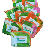 Bolsas verdes y naranjas con la marca 'Original Jams' sobre un fondo blanco