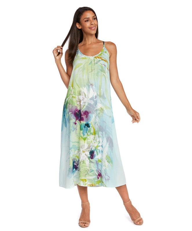 Woman wearing a floral dress on a white background