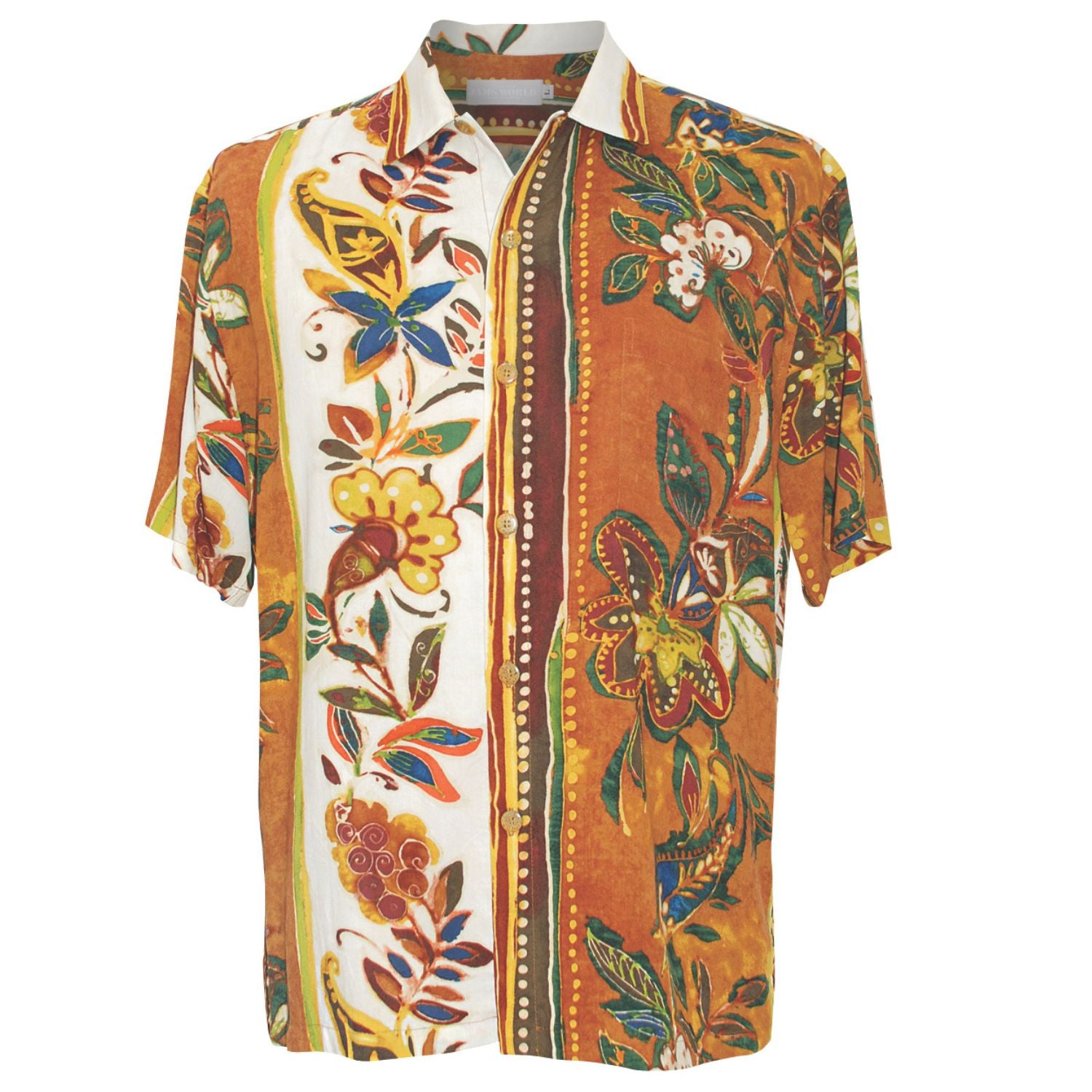 Colorful patterned shirt with floral design on a white background