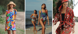 Female Models wearing colorful floral dress, swimsuits, and robe.