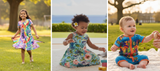 A three-panel collage showing children outdoors wearing colorful floral clothing. On the left, a girl runs on grass in a bright multicolor dress.