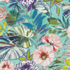 Colorful floral and leaf pattern on a turquoise background