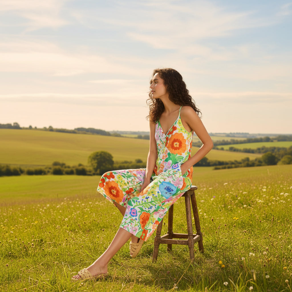 Woman in a colorful floral dress sitting on a stool in a field with a scenic background