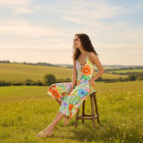 Woman in a colorful floral dress sitting on a stool in a field with a scenic background