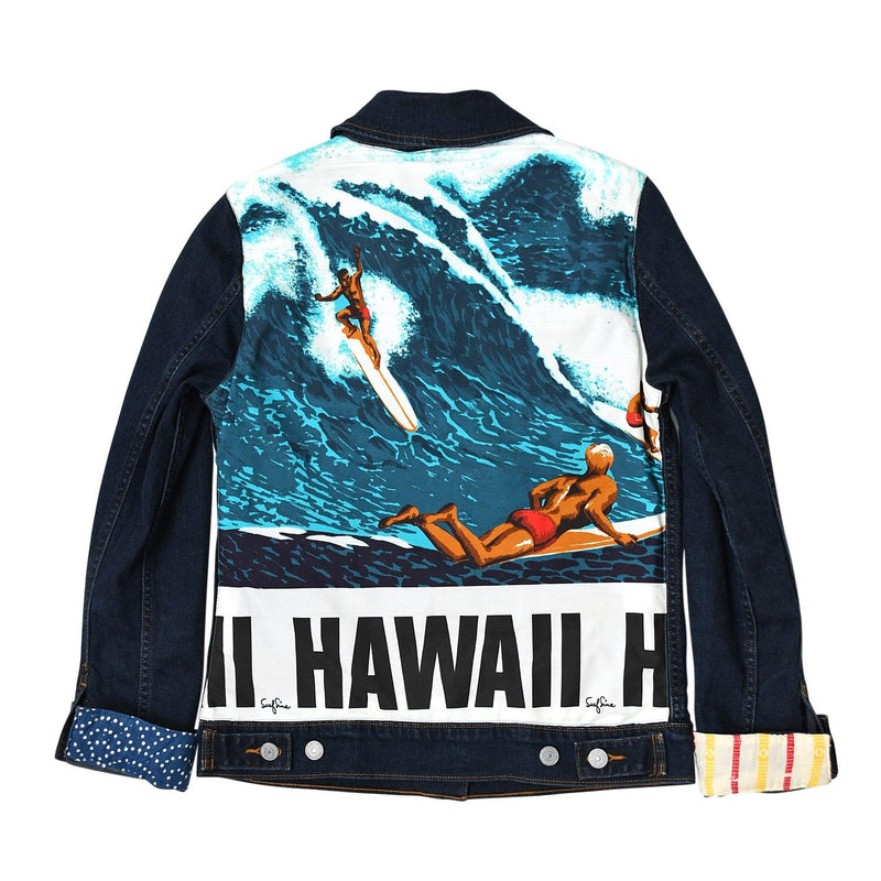 Tissu vintage unique en son genre sur la veste en jean - jamsworld.com